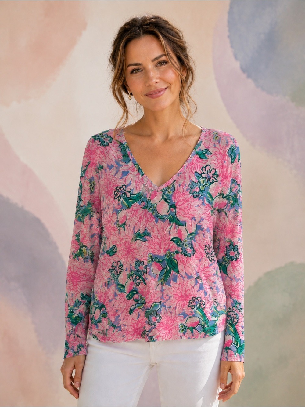 Lilly Pulitzer Pink Floral Long Sleeve V-Neck Top size L